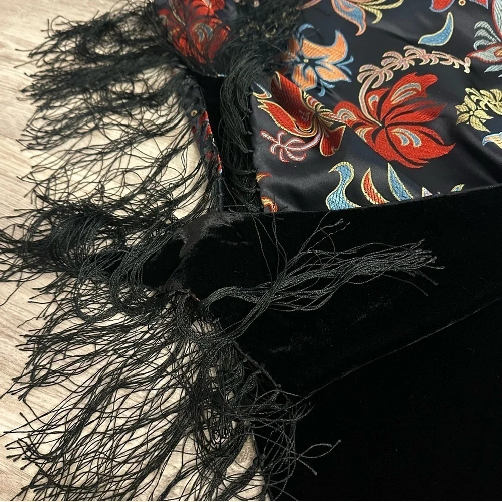 Black Floral Fringe Russian Platok Shawl Multicolor Babushka Scarf Platok